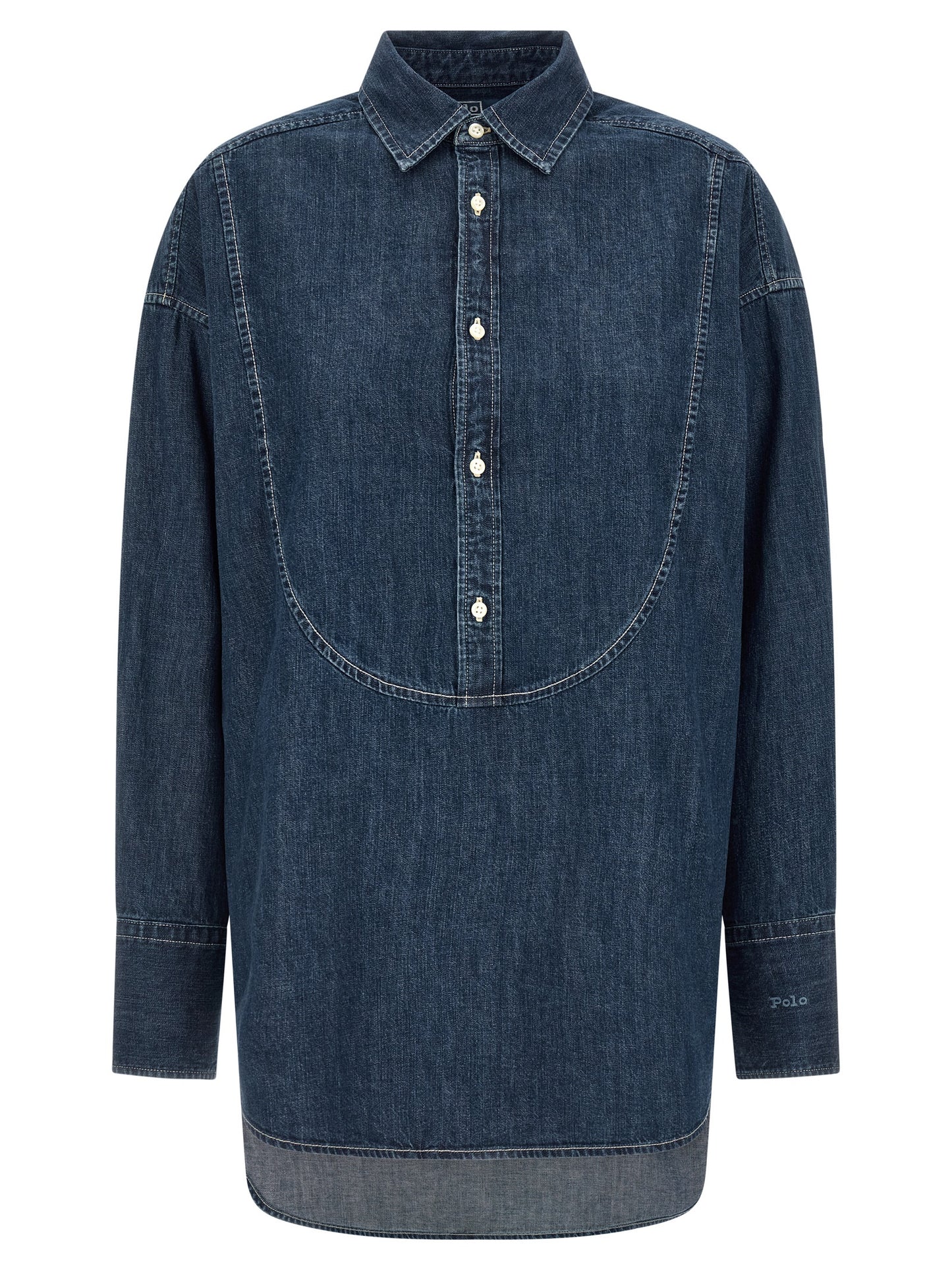 Blouse by Polo Ralph Lauren for women in denim cotton blue showcases a sharp silhouette, elegantly detailed with a sharp and sharp long-sleeve.