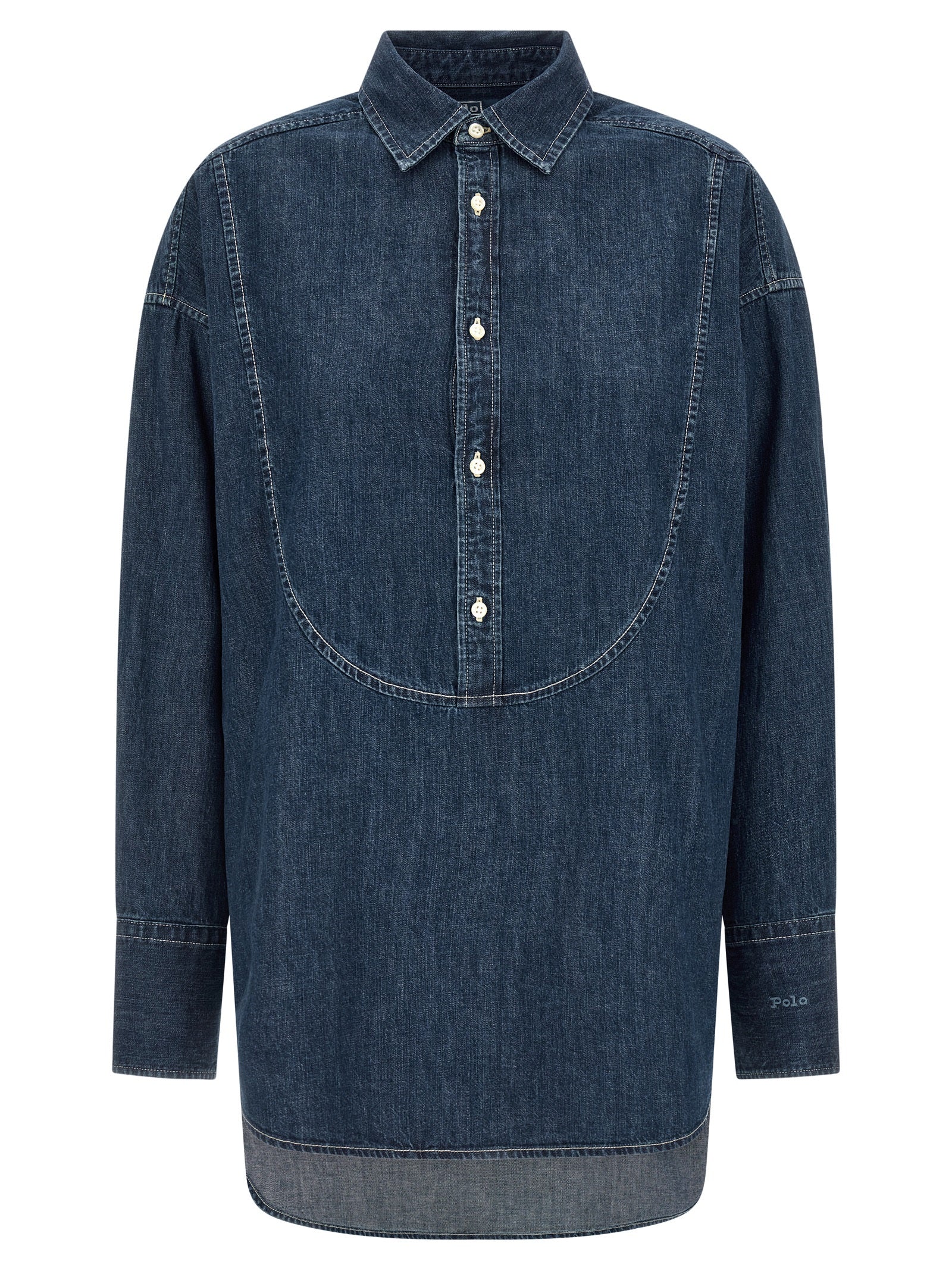 Blouse by Polo Ralph Lauren for women in denim cotton blue showcases a sharp silhouette, elegantly detailed with a sharp and sharp long-sleeve.