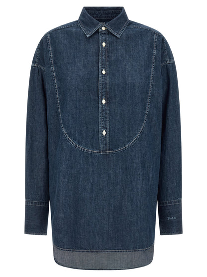 Blouse by Polo Ralph Lauren for women in denim cotton blue showcases a sharp silhouette, elegantly detailed with a sharp and sharp long-sleeve.