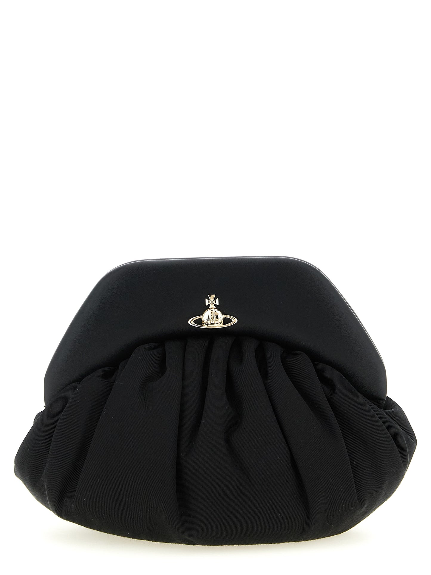 Shoulder Clutch Handbag by Vivienne Westwood for women in viscose & rubber black features a sculptural silhouette with a secure magnetic, ample , and versatile shoulder-strap & handle for a sculptural finish.