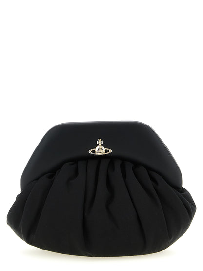 Shoulder Clutch Handbag by Vivienne Westwood for women in viscose & rubber black features a sculptural silhouette with a secure magnetic, ample , and versatile shoulder-strap & handle for a sculptural finish.