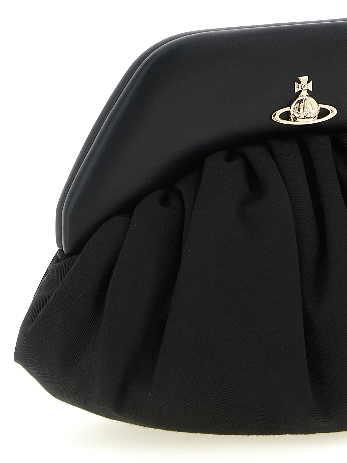 Shoulder Clutch Handbag by Vivienne Westwood for women in viscose & rubber black features a sculptural silhouette with a secure magnetic, organized , and versatile shoulder-strap & handle for a sculptural finish.