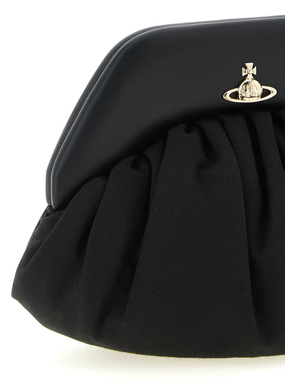 Shoulder Clutch Handbag by Vivienne Westwood for women in viscose & rubber black features a sculptural silhouette with a secure magnetic, organized , and versatile shoulder-strap & handle for a sculptural finish.