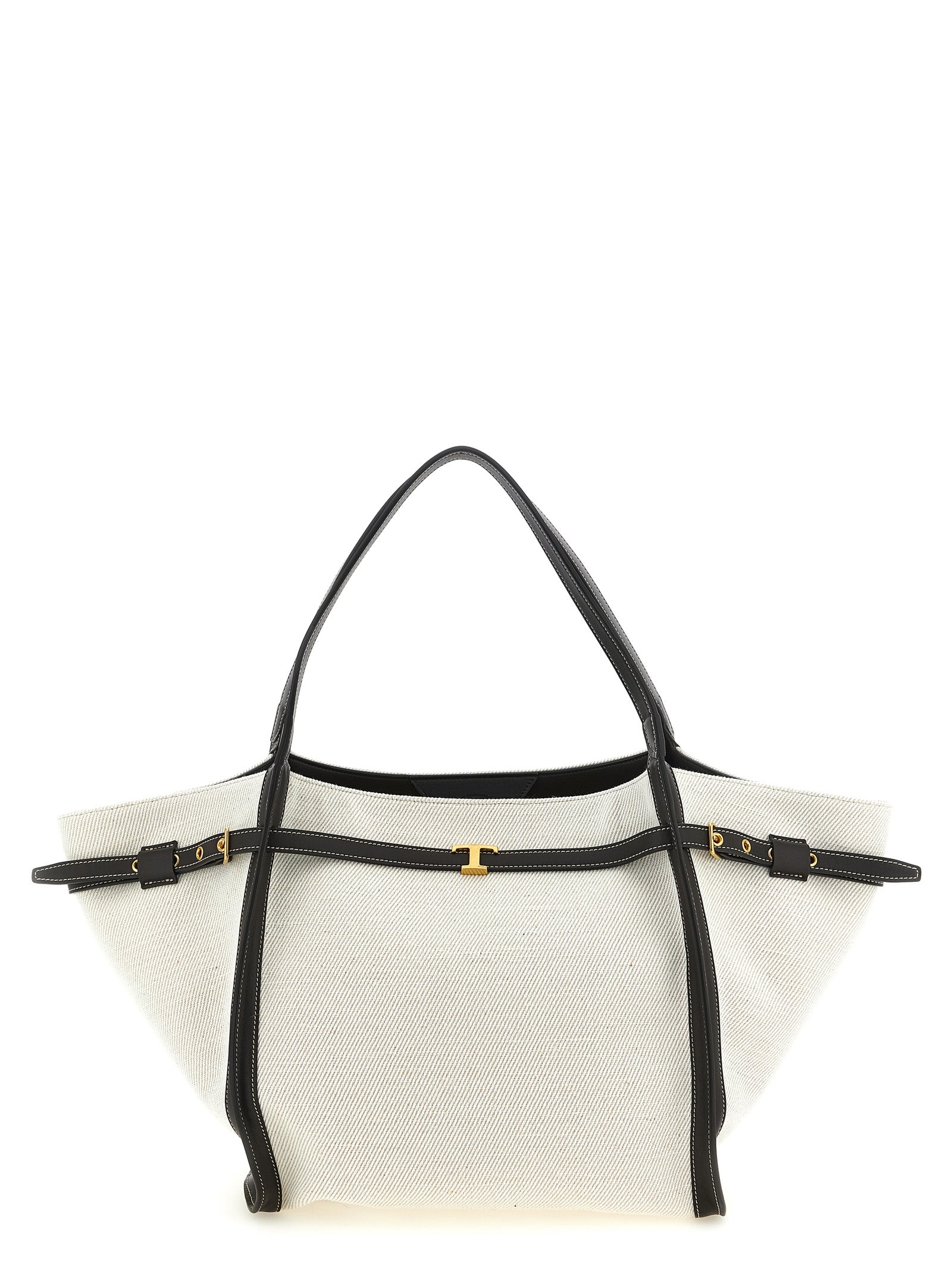 Medium Shopper Tote Bag by Tod's for women in linen canvas & calfskin leather multicolor features an metropolitan chic T Timeless Tim Linen Canvas & Calfskin Leather Medium Shopper Tote Bag design with a secure hook, metropolitan chic , and versatile adjustable-strap & handle for a metropolitan chic look.