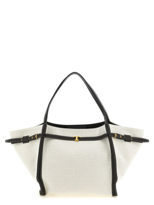 Medium Shopper Tote Bag by Tod's for women in linen canvas & calfskin leather multicolor features an metropolitan chic T Timeless Tim Linen Canvas & Calfskin Leather Medium Shopper Tote Bag design with a secure hook, metropolitan chic , and versatile adjustable-strap & handle for a metropolitan chic look.