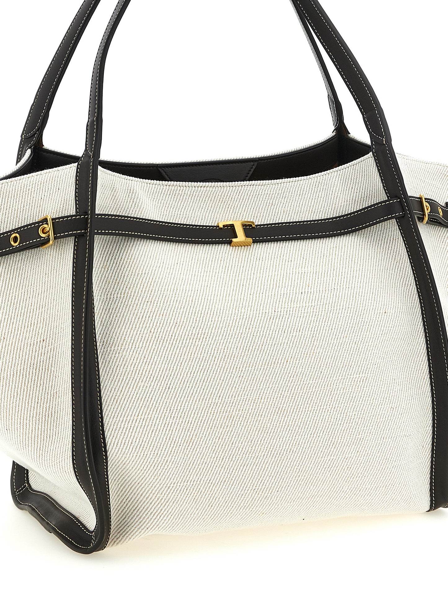 Medium Shopper Tote Bag by Tod's for women in linen canvas & calfskin leather multicolor features a distinguished T Timeless Tim Linen Canvas & Calfskin Leather Medium Shopper Tote Bag design, complete with a secure hook, ample , and versatile adjustable-strap & handle for a distinguished look.