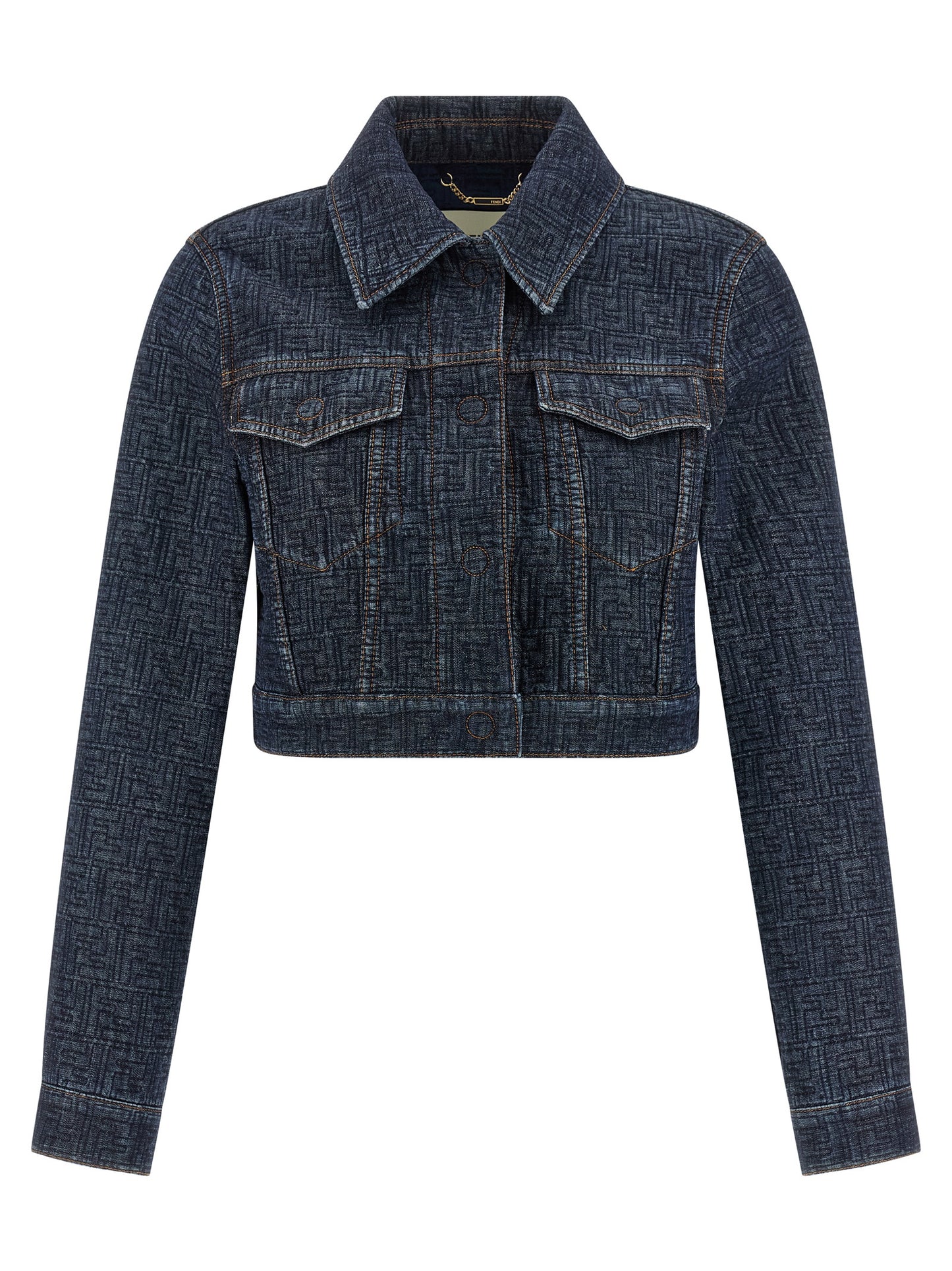 This Trucker Jacket by Fendi for women in cotton denim blue & jacquard exhibits a edgy silhouette, meticulously detailed with functional pockets & insulated and a edgy shirt-collar neckline for a edgy finish.