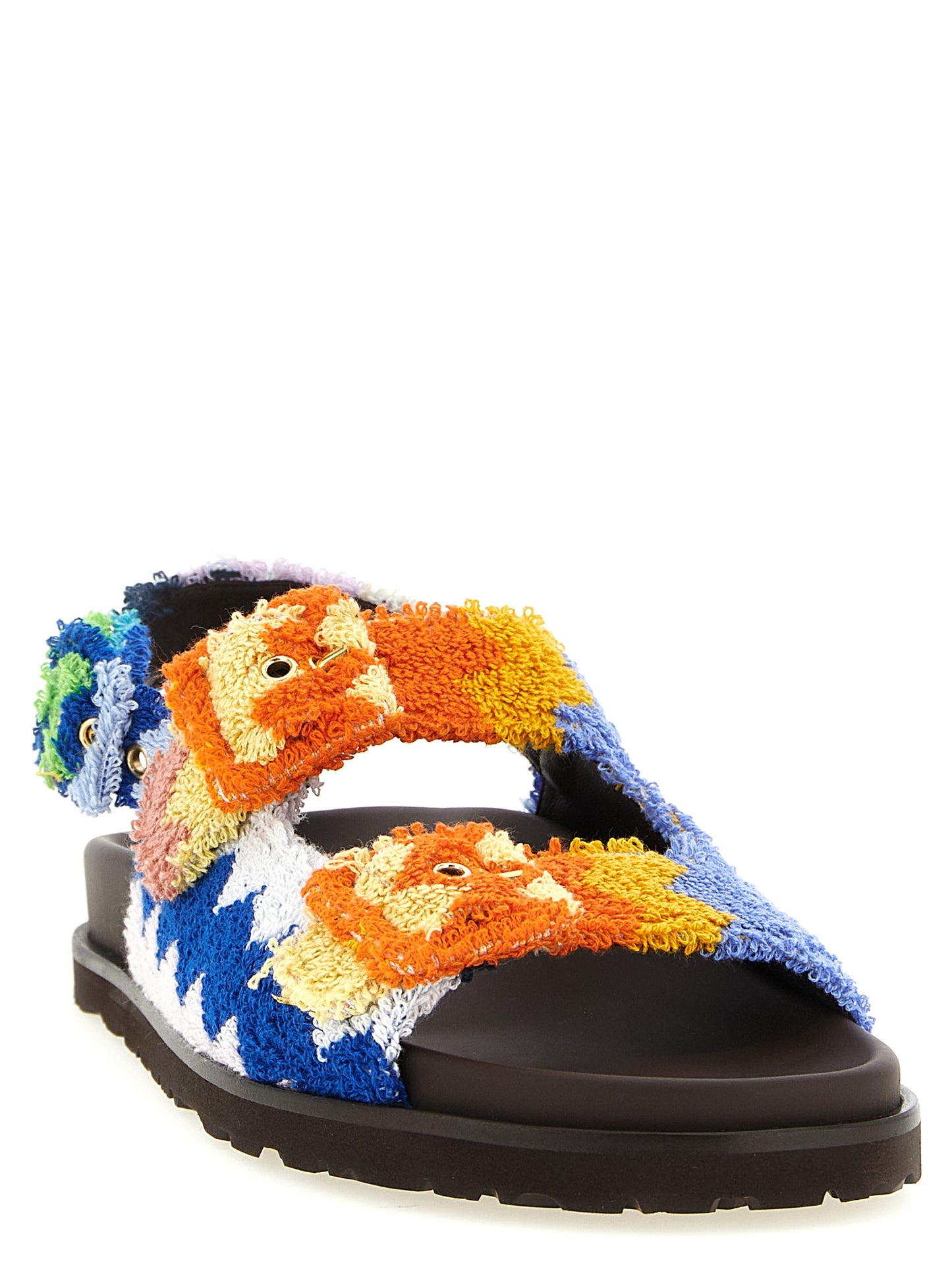 Flat Sandals by Missoni for women in plush cotton terrycloth & goatskin leather multicolor & patterned presents a sculptural silhouette, showcasing the Mia Women's Plush Cotton Terrycloth & Goatskin Leather Flat Sandals design with a sculptural flat and for a premium look.