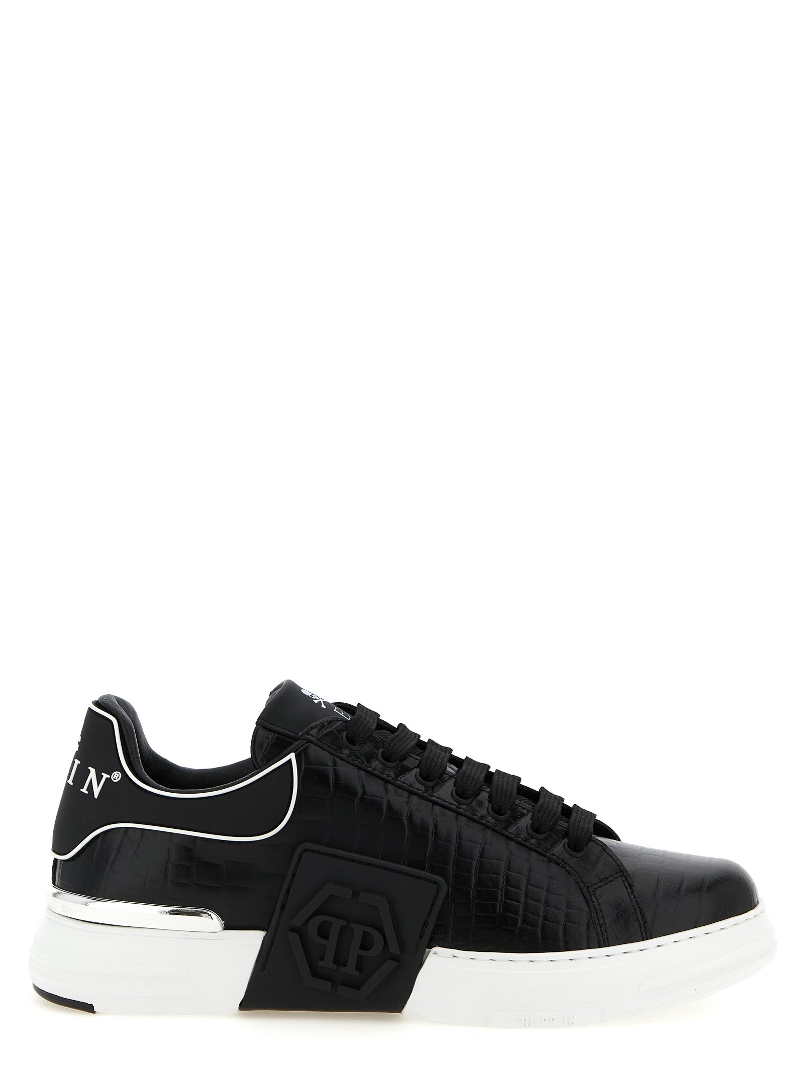 Sneakers by Philipp Plein for men in cowhide & crocodile skin leather black & print presents a on trend silhouette from the Waves Men's Low Top Cowhide & Crocodile Skin Leather Sneakers collection, showcasing a on trend low-top style for an elevated aesthetic.