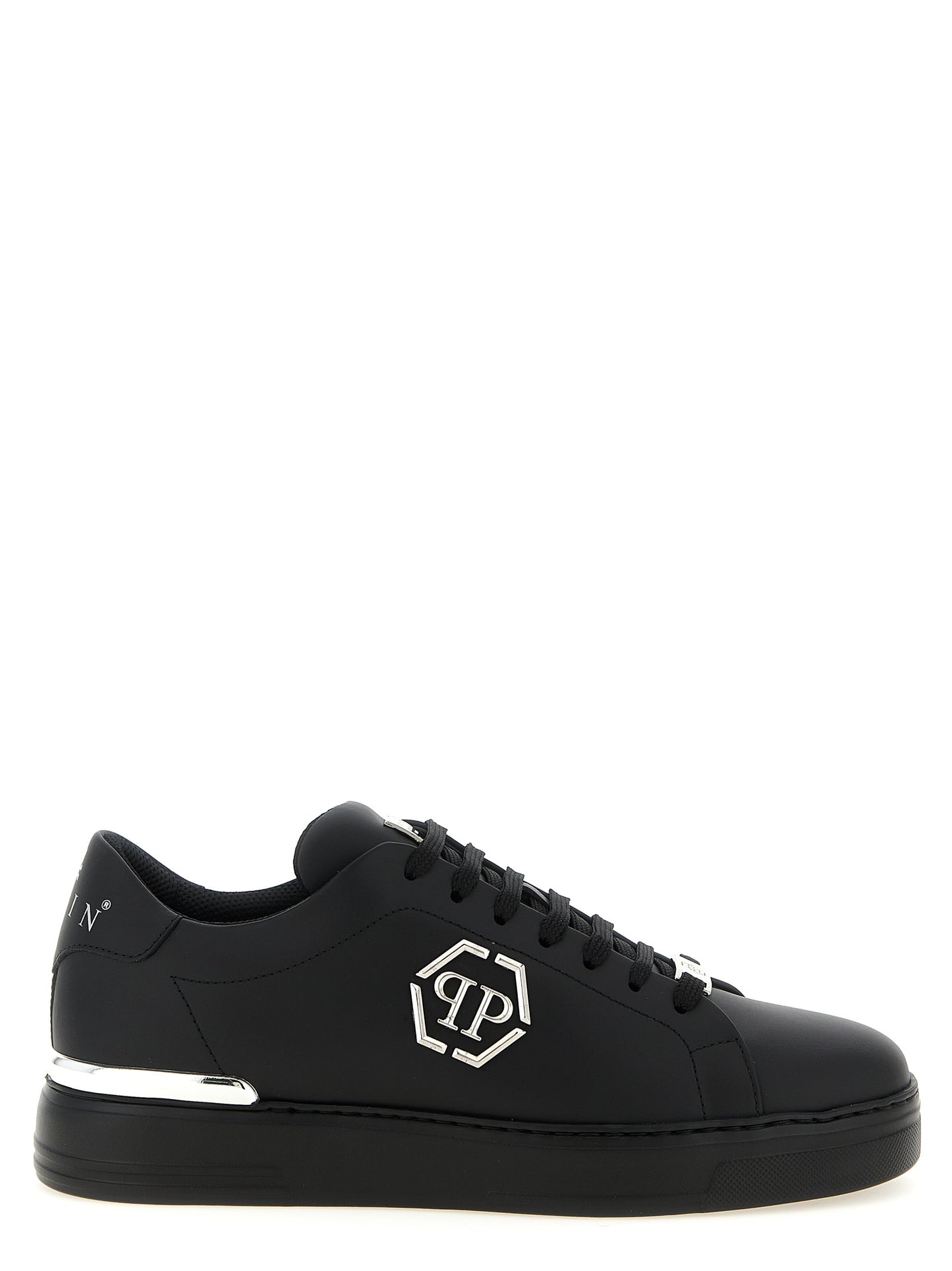 Sneakers by Philipp Plein for men in calfskin leather black & print presents a on trend silhouette from the Men's Low Top Calfskin Leather Sneakers collection, showcasing a on trend low-top style for an elevated aesthetic.