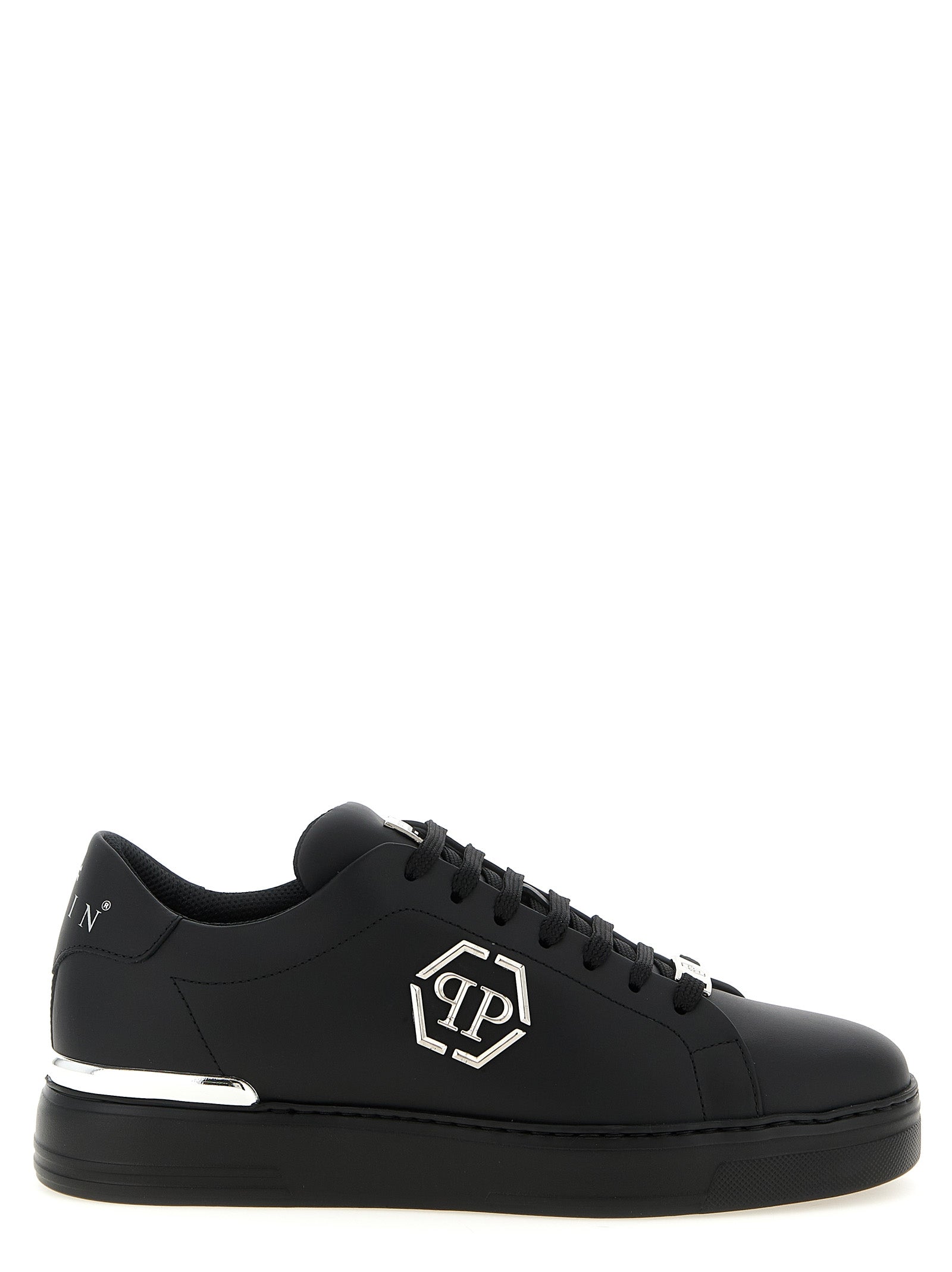 Sneakers by Philipp Plein for men in calfskin leather black & print presents a on trend silhouette from the Men's Low Top Calfskin Leather Sneakers collection, showcasing a on trend low-top style for an elevated aesthetic.
