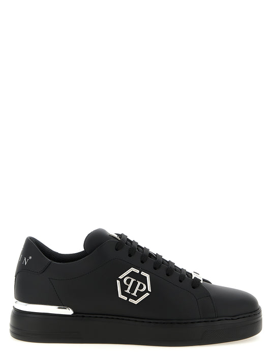Sneakers by Philipp Plein for men in calfskin leather black & print presents a on trend silhouette from the Men's Low Top Calfskin Leather Sneakers collection, showcasing a on trend low-top style for an elevated aesthetic.