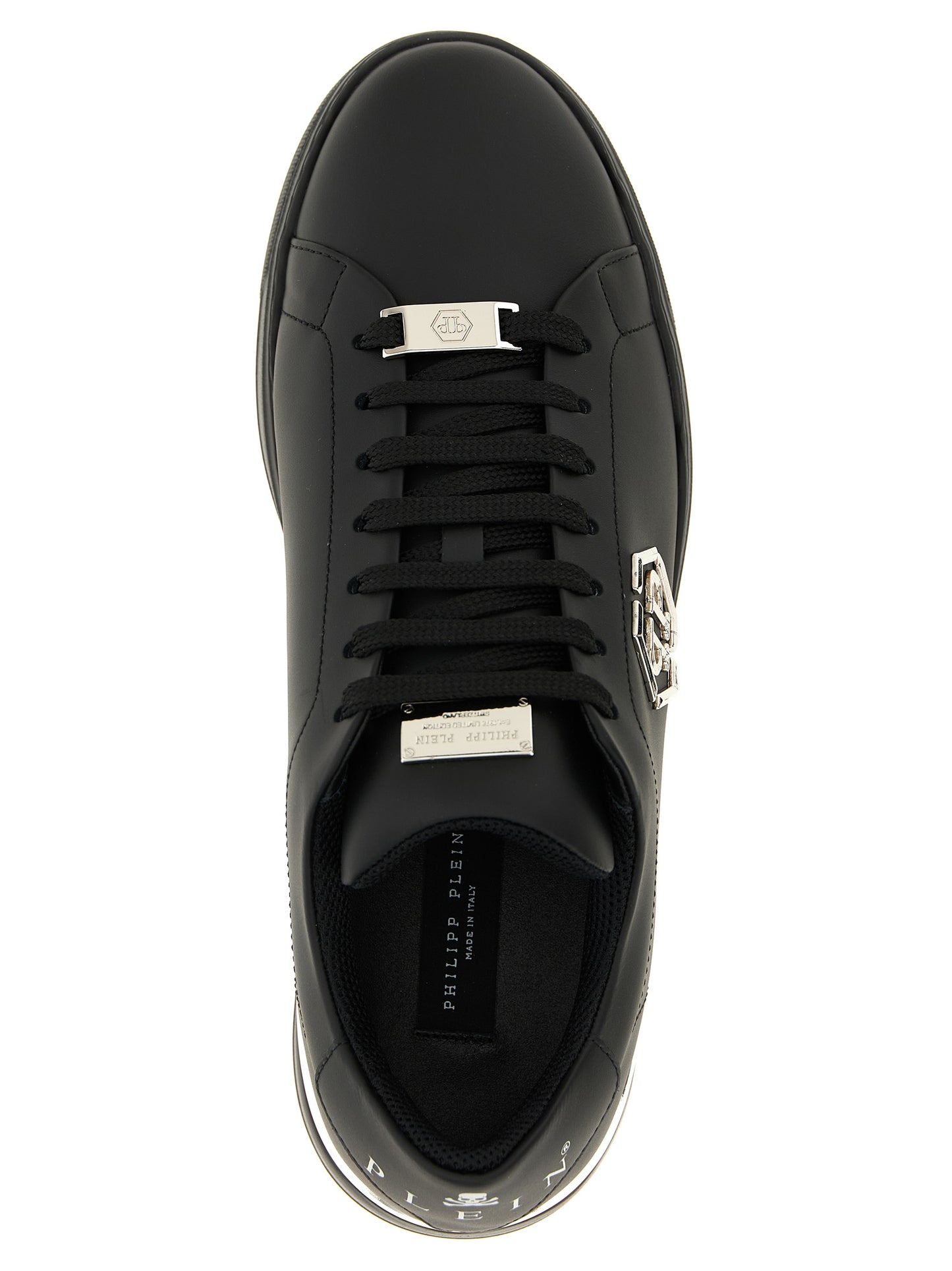 Sneakers by Philipp Plein for men in calfskin leather black & print presents a on trend silhouette from the Men's Low Top Calfskin Leather Sneakers collection, showcasing a on trend low-top style for an elevated aesthetic.