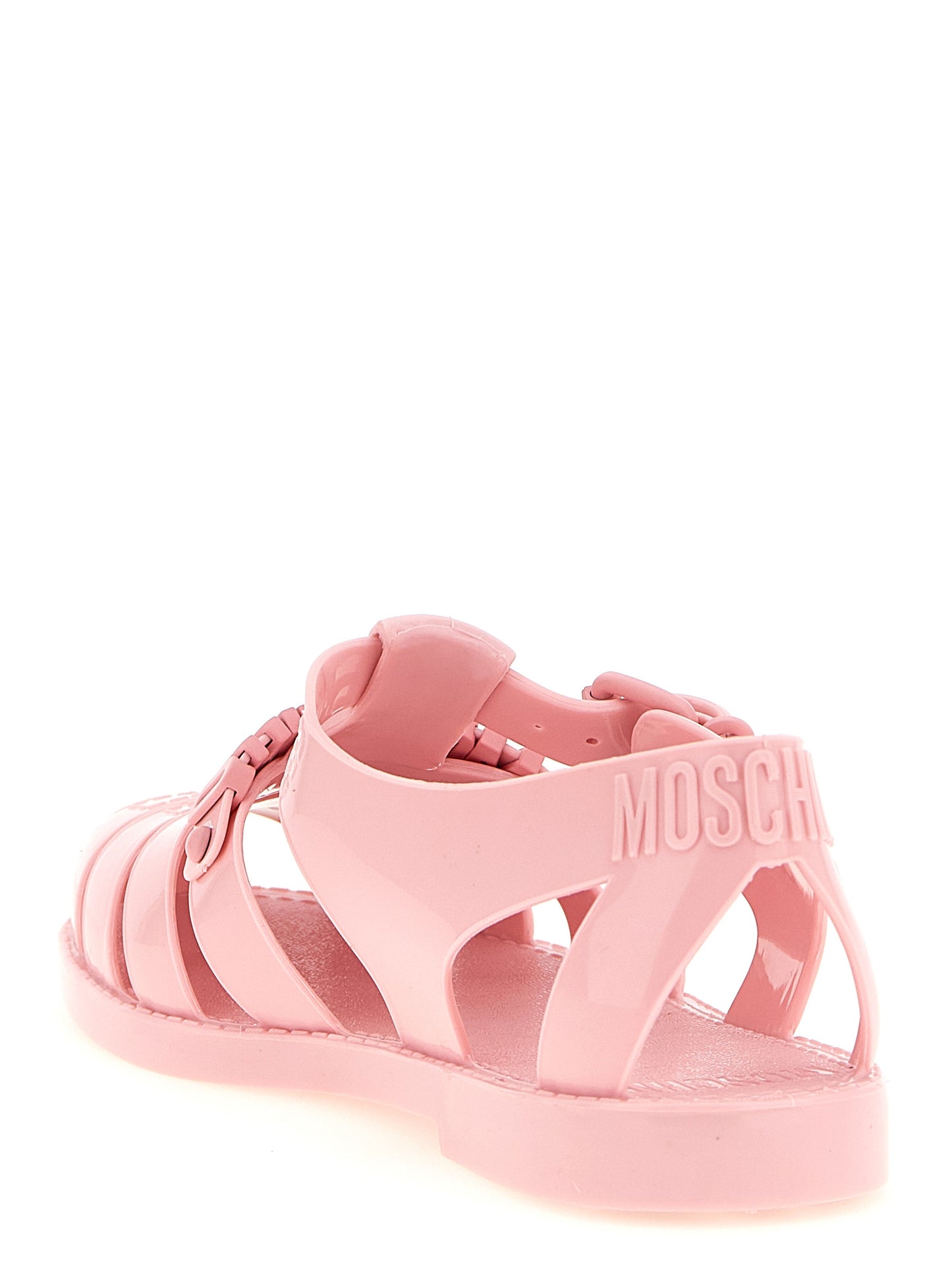Flat Sandals by Moschino for women in pvc and multicolor & pink presents a captivating silhouette, showcasing the signature style of the Women's PVC Flat Sandals with a captivating flat and captivating .