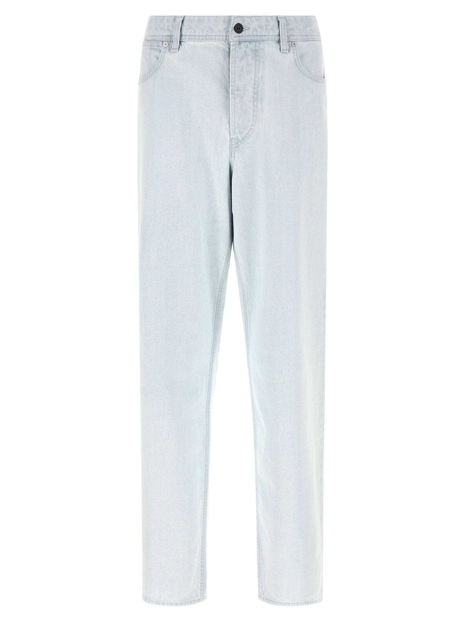 Jeans by Stone Island for men in denim cotton indigo & light-blue features a polished silhouette with a polished straight-leg, relaxed-fit & wide, reaching a polished long and finished with a polished .