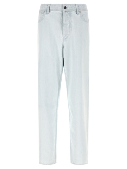 Jeans by Stone Island for men in denim cotton indigo & light-blue features a polished silhouette with a polished straight-leg, relaxed-fit & wide, reaching a polished long and finished with a polished .