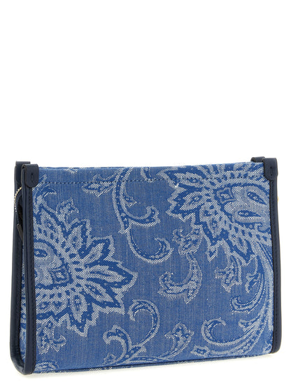 Clutch Handbag by Etro for women in stretch cotton light-blue, paisley & jacquard features an sculptural silhouette, showcasing a secure zipper and sculptural with versatile for a sophisticated look.
