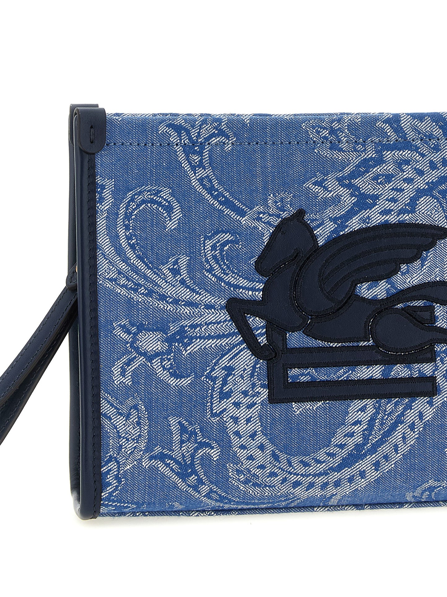 Clutch Handbag by Etro for women in stretch cotton light-blue, paisley & jacquard features a sculptural silhouette with a secure zipper, organized , and versatile for a sculptural finish.