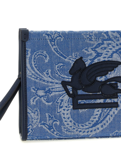 Clutch Handbag by Etro for women in stretch cotton light-blue, paisley & jacquard features a sculptural silhouette with a secure zipper, organized , and versatile for a sculptural finish.