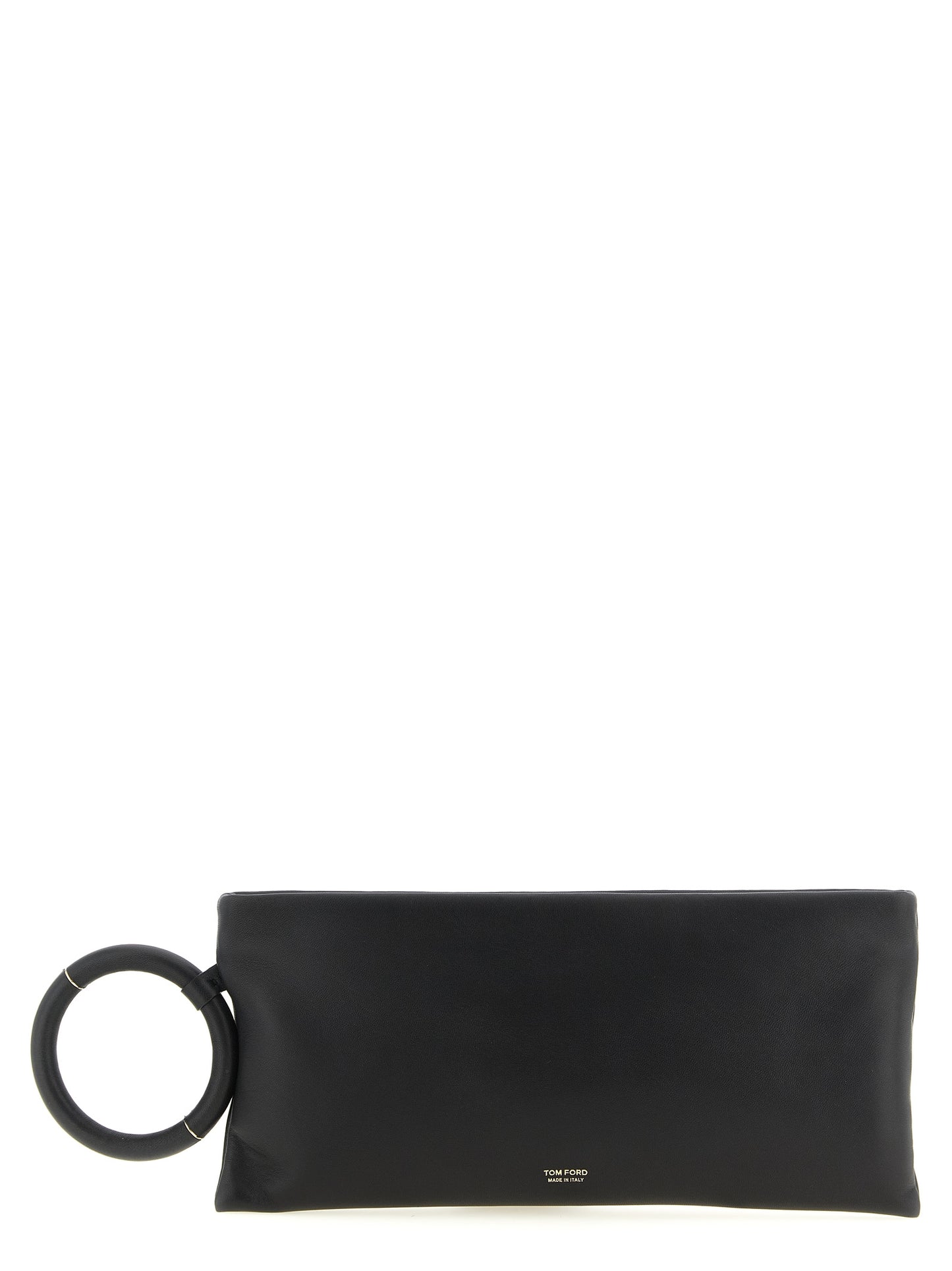 Evening Clutch Handbag by Tom Ford for women in lamb leather black & gold features a sculptural silhouette with a secure zipper, organized , and versatile for a sculptural finish.