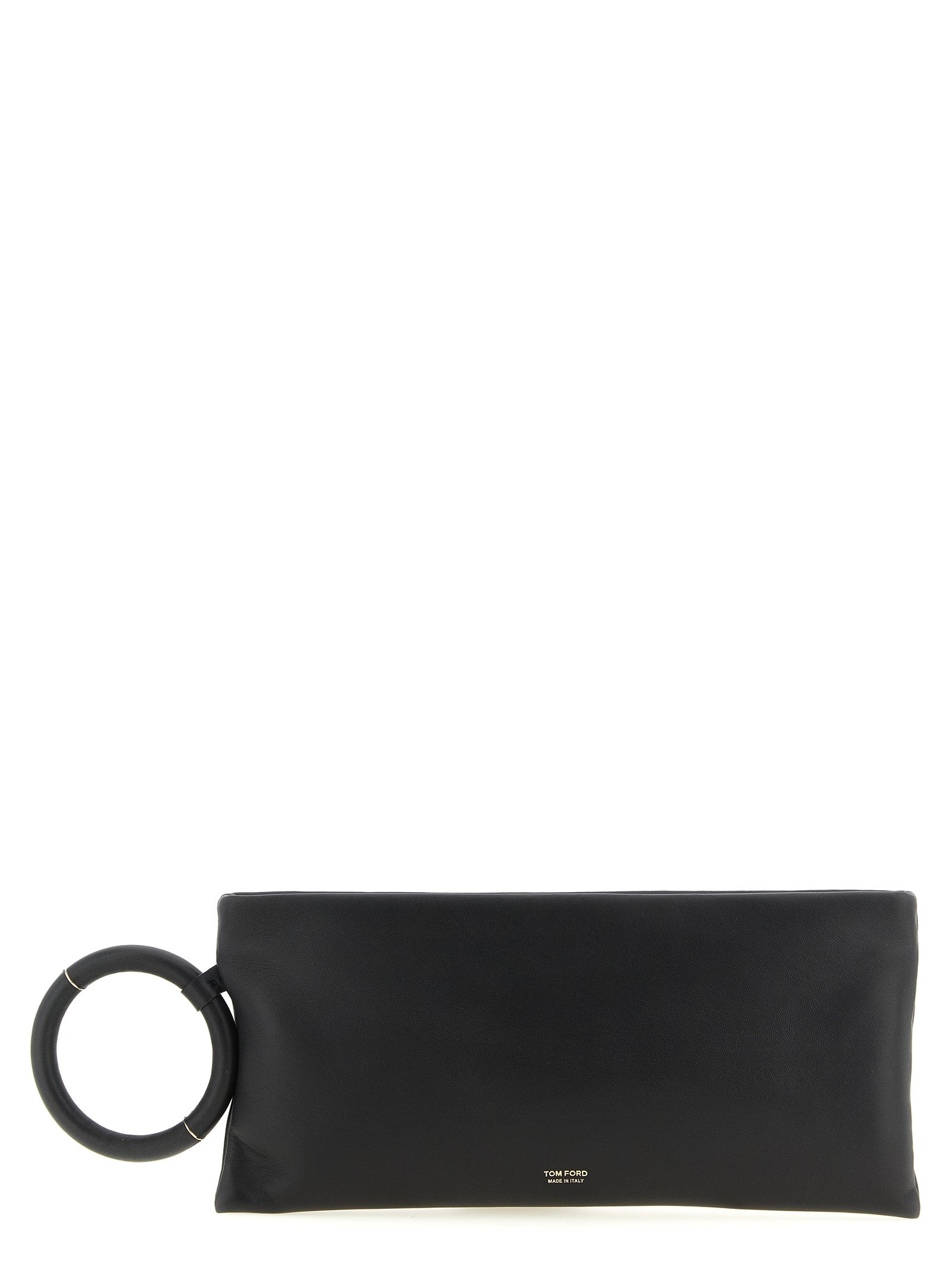 Evening Clutch Handbag by Tom Ford for women in lamb leather black & gold features a sculptural silhouette with a secure zipper, organized , and versatile for a sculptural finish.