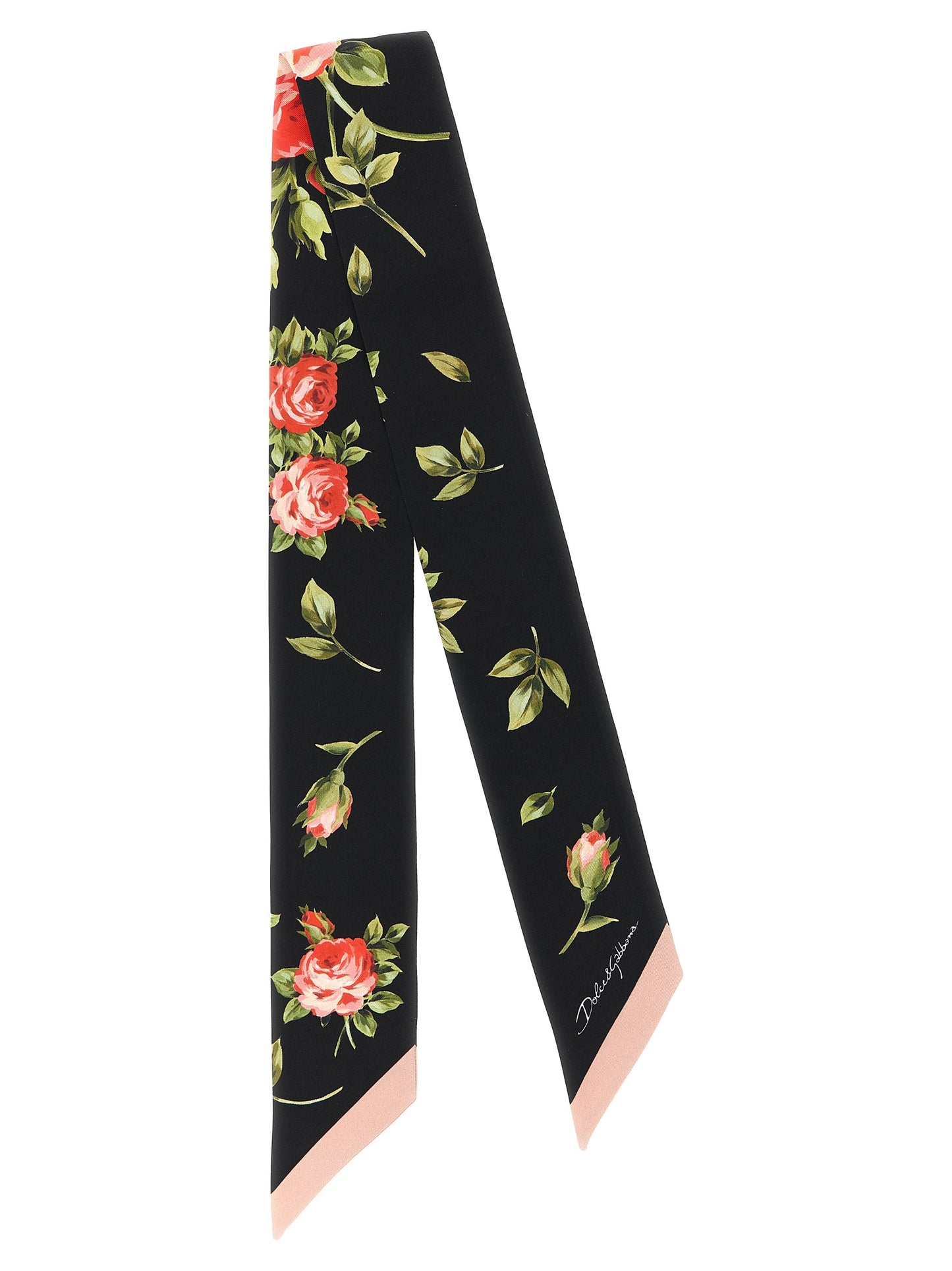 Scarf by Dolce & Gabbana for women in silk twill black, rose & print features a timeless silhouette, artfully capturing the essence of the timeless Silk Twill Scarf design for a sophisticated look.