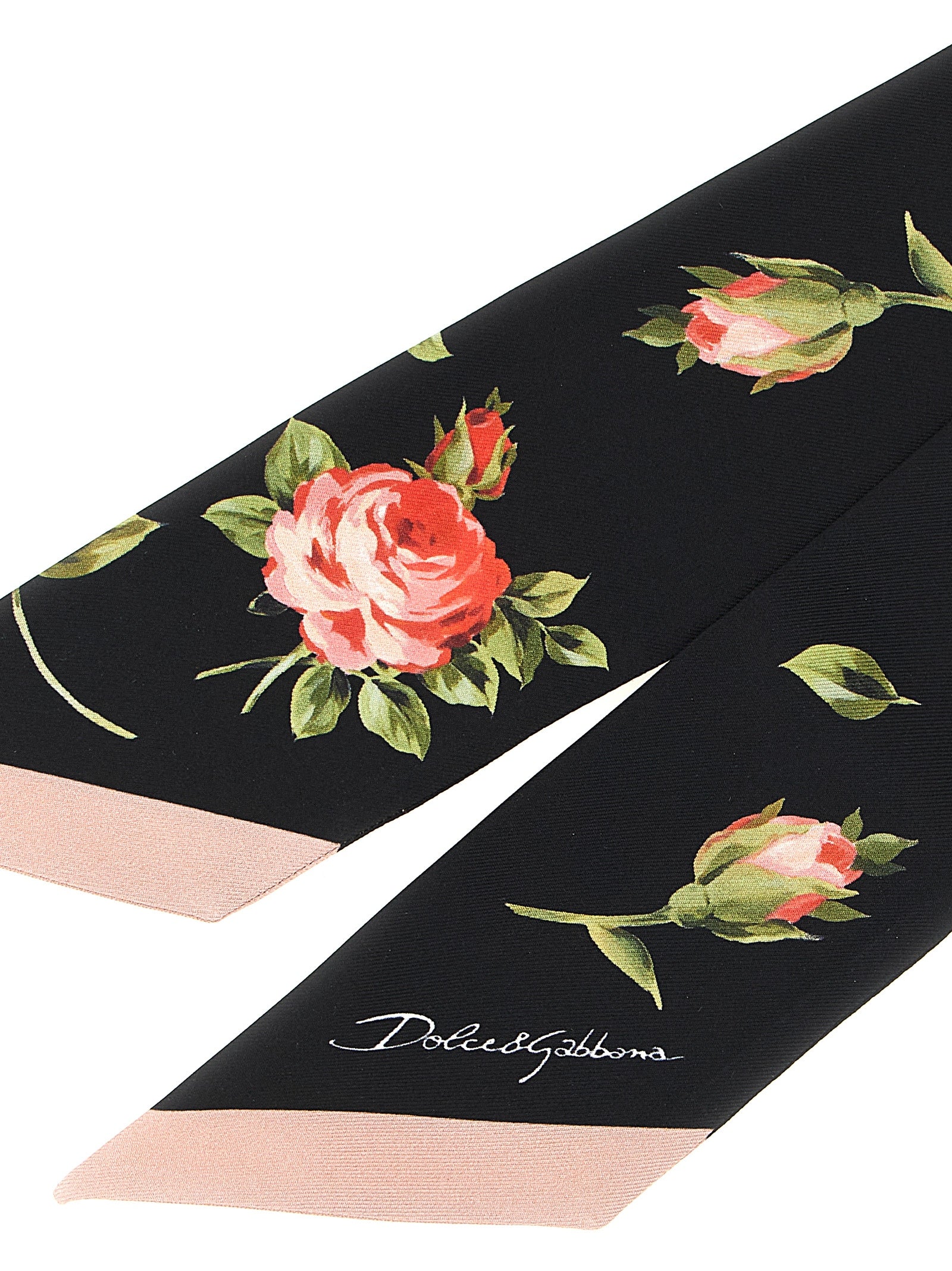 Scarf by Dolce & Gabbana for women in silk twill black, rose & print showcases a on trend silhouette, artfully capturing the on trend essence of the Silk Twill Scarf design with a sophisticated finish.