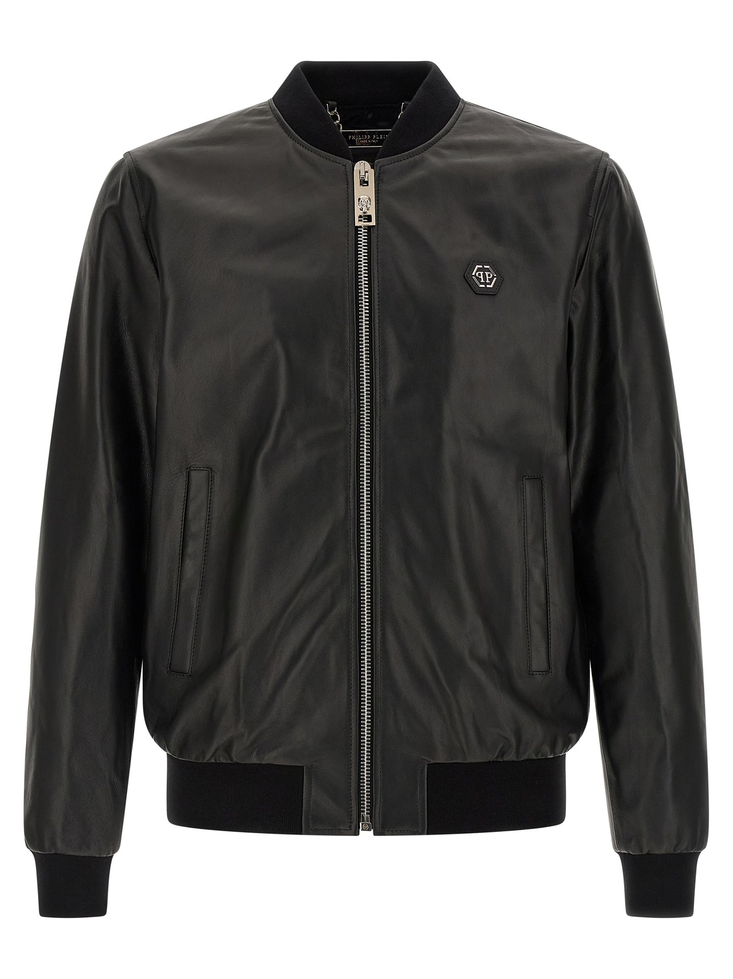 Bomber Jacket by Philipp Plein for men in lambskin leather black presents a effortlessly chic silhouette, showcasing a sophisticated and premium pockets for a truly effortlessly chic finish.