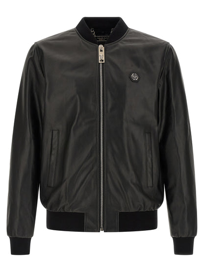 Bomber Jacket by Philipp Plein for men in lambskin leather black presents a effortlessly chic silhouette, showcasing a sophisticated and premium pockets for a truly effortlessly chic finish.