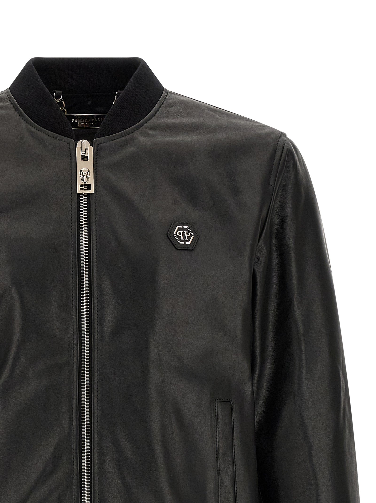Bomber Jacket by Philipp Plein for men in lambskin leather black features a city-ready silhouette, detailed with pockets and a city-ready .
