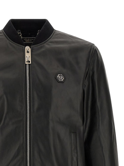 Bomber Jacket by Philipp Plein for men in lambskin leather black features a city-ready silhouette, detailed with pockets and a city-ready .