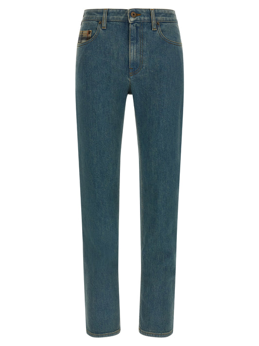 Jeans by Burberry for women in stretch denim cotton & suede leather blue features an sartorial straight-leg and long with a mid rise cut for a sartorial finish.