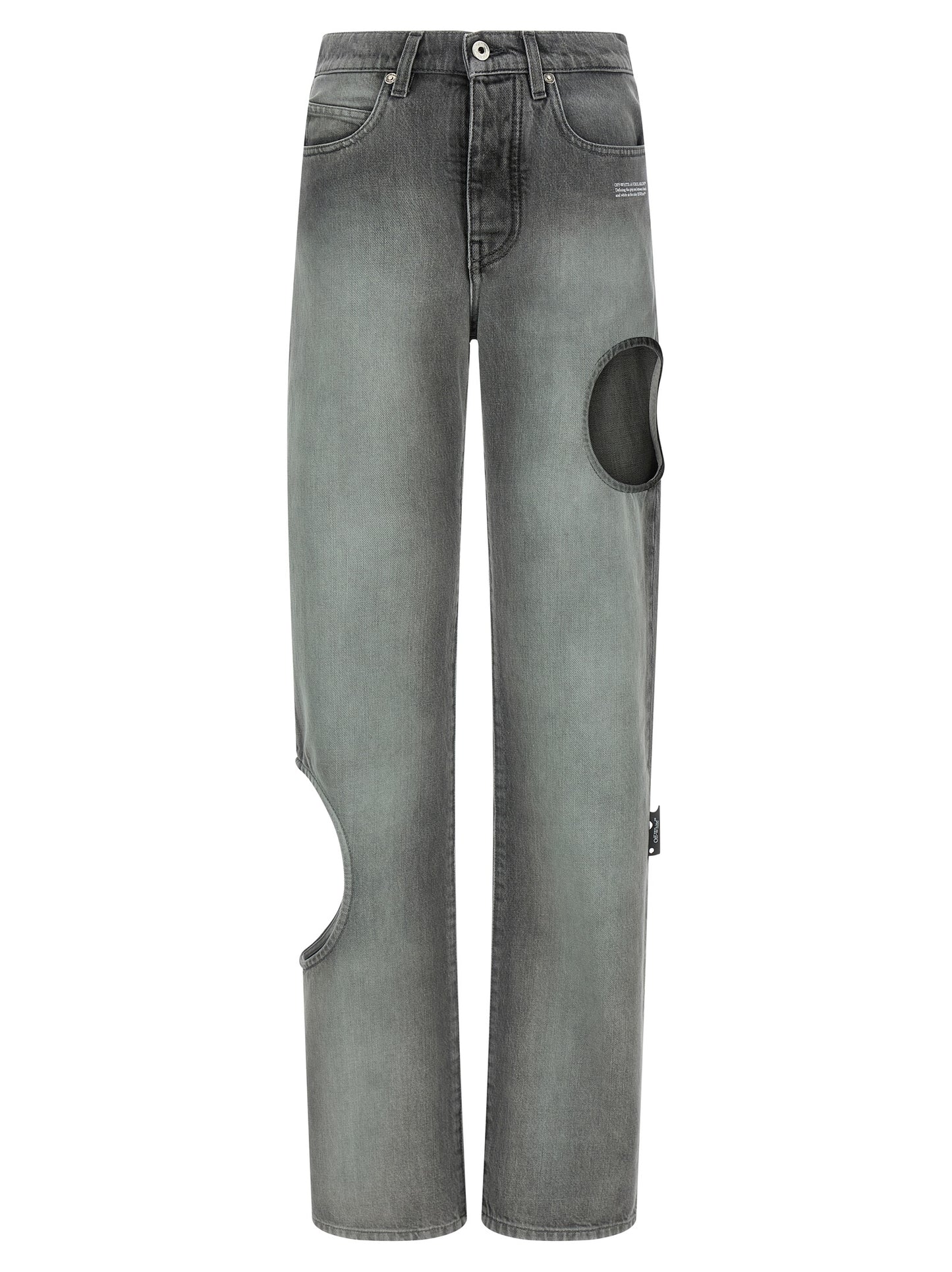 Jeans by Off-White for women in denim cotton gray, white, hooped & print presents a tailored silhouette, showcasing a tailored straight-leg and long cut with a refined for a truly tailored aesthetic.