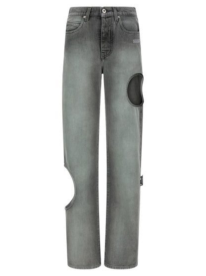 Jeans by Off-White for women in denim cotton gray, white, hooped & print presents a tailored silhouette, showcasing a tailored straight-leg and long cut with a refined for a truly tailored aesthetic.