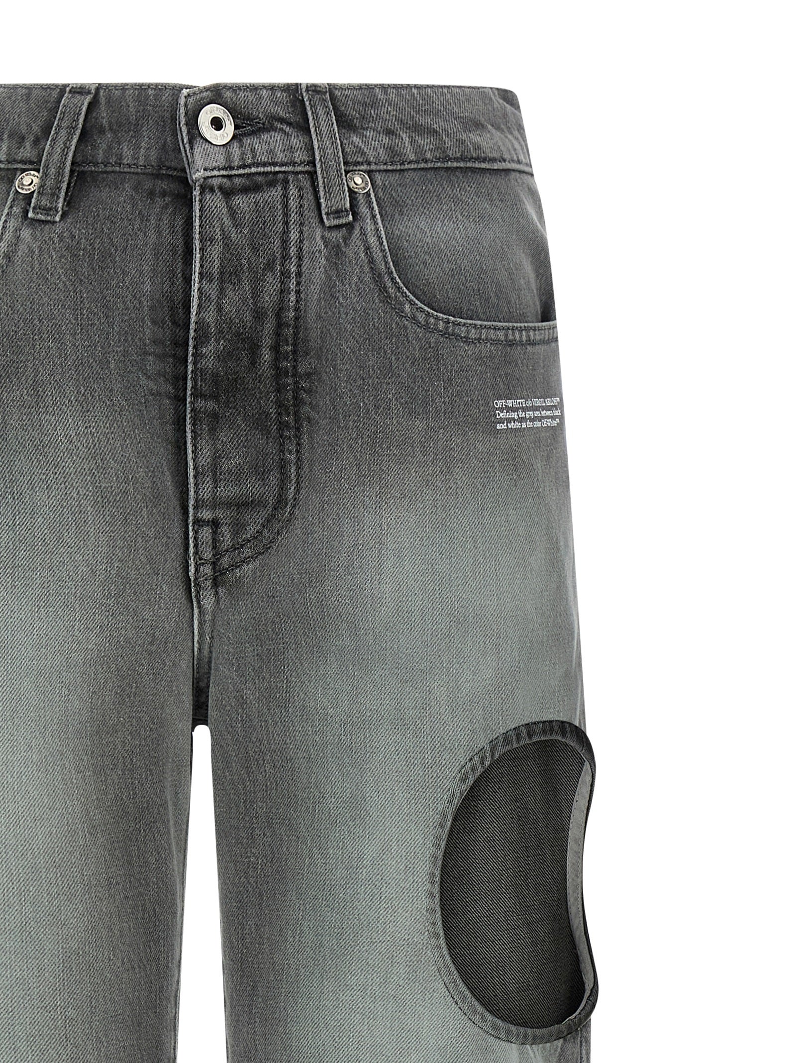 Jeans by Off-White for women in denim cotton gray, white, hooped & print presents a refined pantology silhouette, artfully defined by a refined pantology straight-leg, long, and a sophisticated .