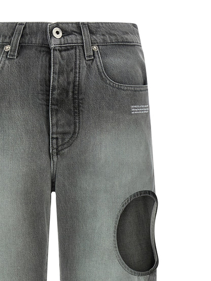 Jeans by Off-White for women in denim cotton gray, white, hooped & print presents a refined pantology silhouette, artfully defined by a refined pantology straight-leg, long, and a sophisticated .