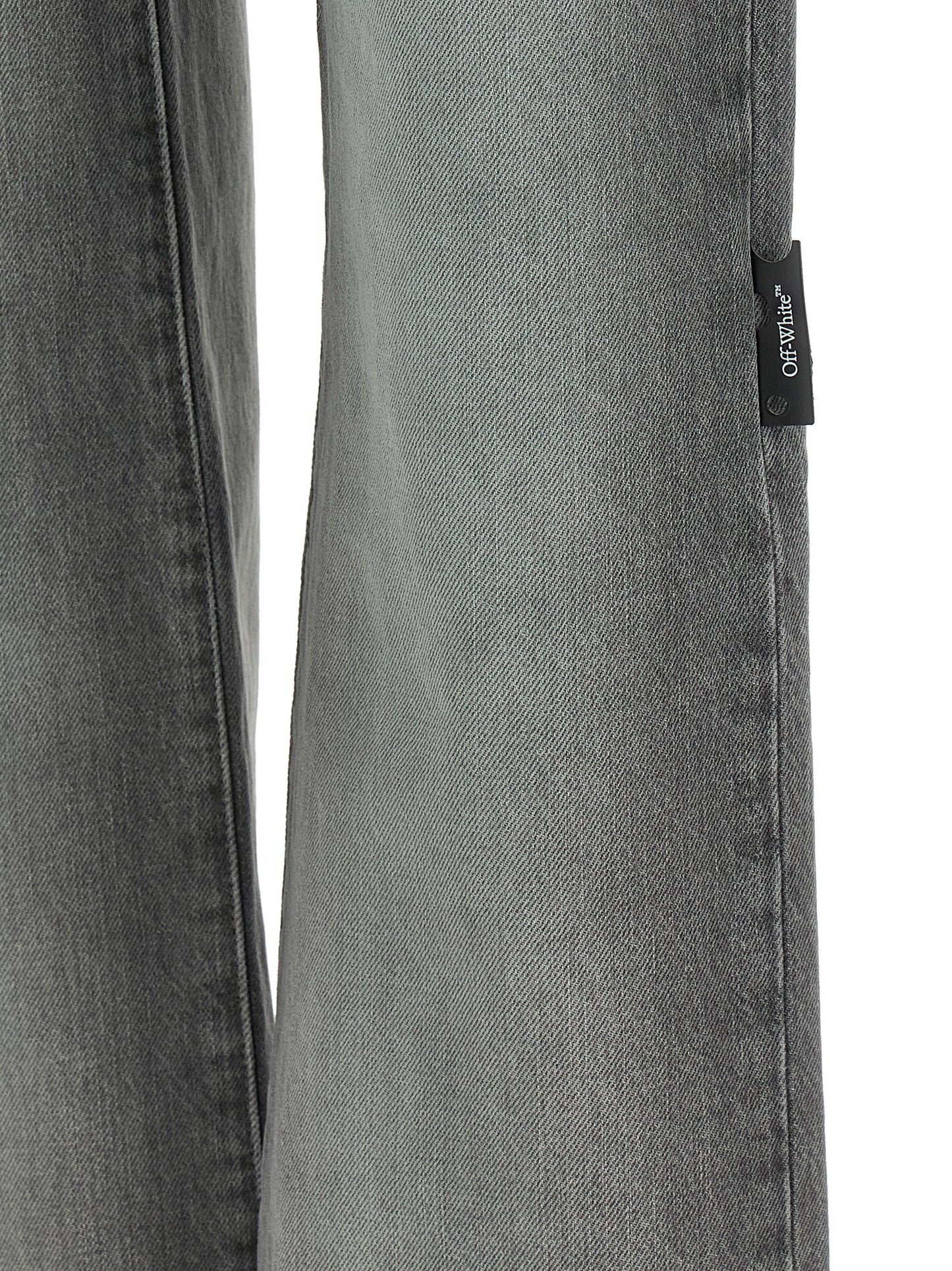 Jeans by Off-White for women in denim cotton gray, white, hooped & print features an sophisticated and straight-leg with a precise long, creating a sophisticated and sophisticated silhouette.