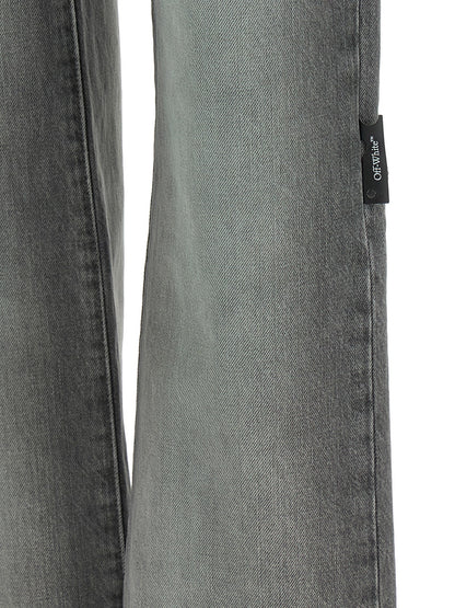 Jeans by Off-White for women in denim cotton gray, white, hooped & print features an sophisticated and straight-leg with a precise long, creating a sophisticated and sophisticated silhouette.