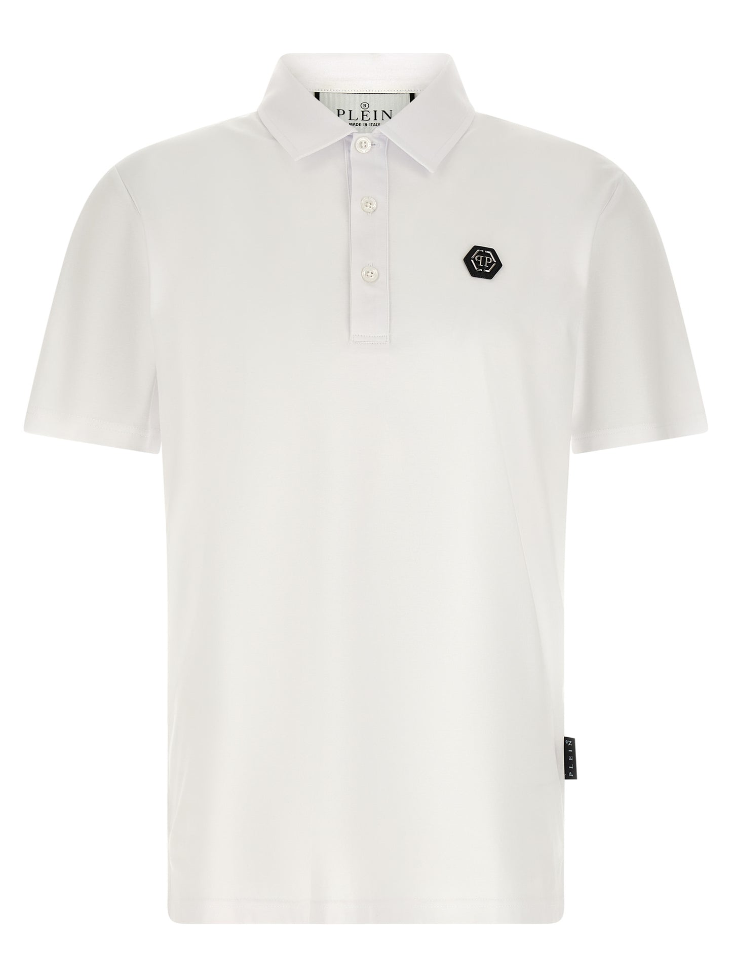 Polo Shirt by Philipp Plein for men in cotton white showcases a sharp silhouette, detailed with a refined and sharp short-sleeve for a sophisticated finish.