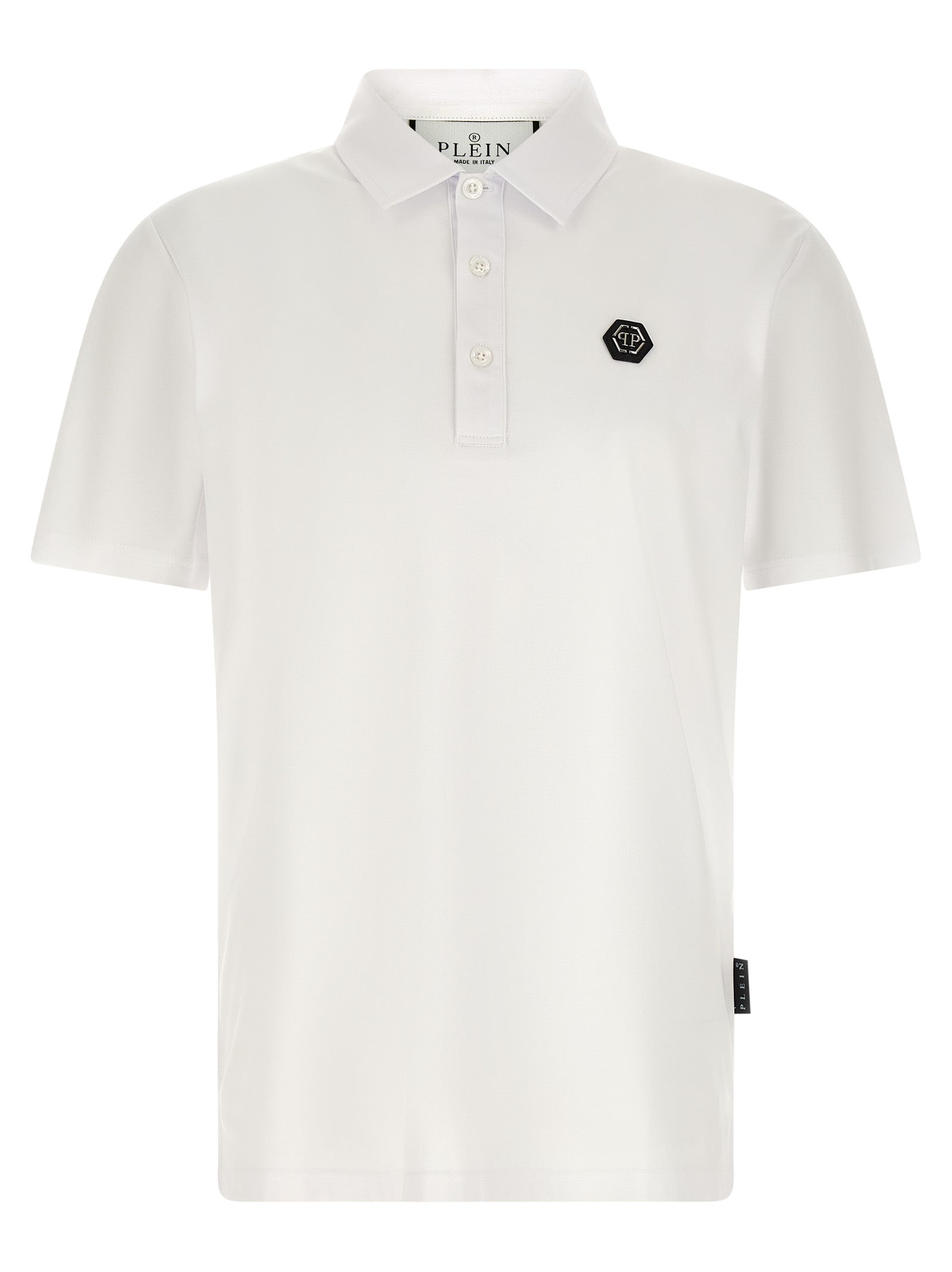 Polo Shirt by Philipp Plein for men in cotton white showcases a sharp silhouette, detailed with a refined and sharp short-sleeve for a sophisticated finish.