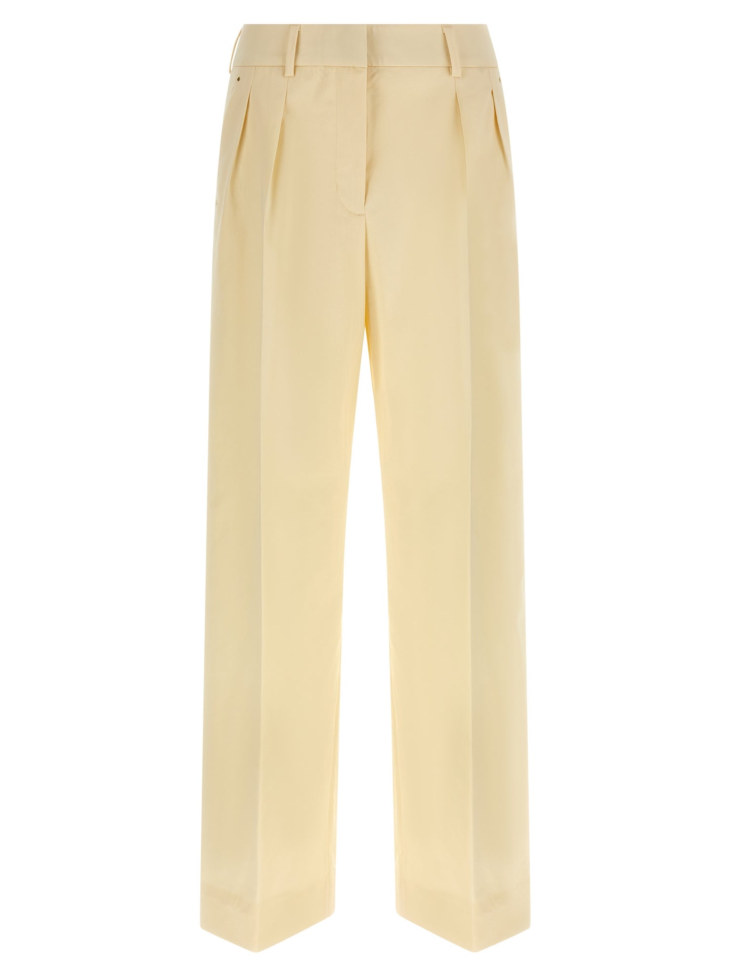 Trousers by Moncler for women in leather & cotton beige features a sculptural silhouette, showcasing a sculptural straight-leg & wide and long with a sophisticated for a sculptural finish.