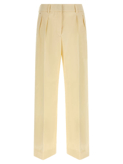 Trousers by Moncler for women in leather & cotton beige features a sculptural silhouette, showcasing a sculptural straight-leg & wide and long with a sophisticated for a sculptural finish.