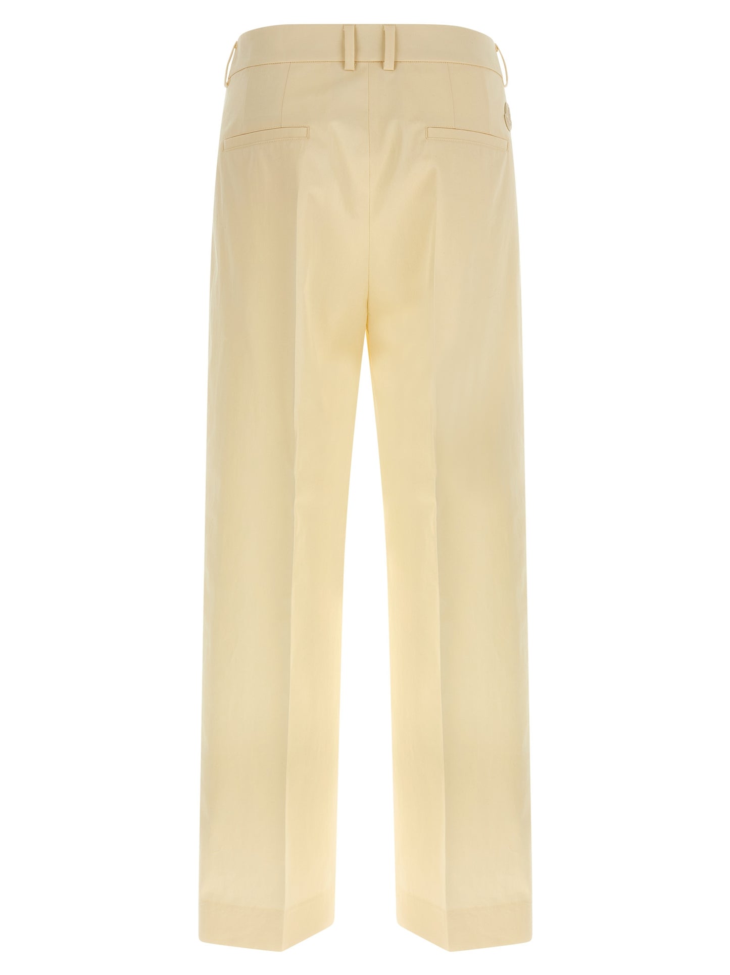 Trousers by Moncler for women in leather & cotton beige features a artisanal silhouette, showcasing a sophisticated straight-leg & wide with a long and for a artisanal finish.