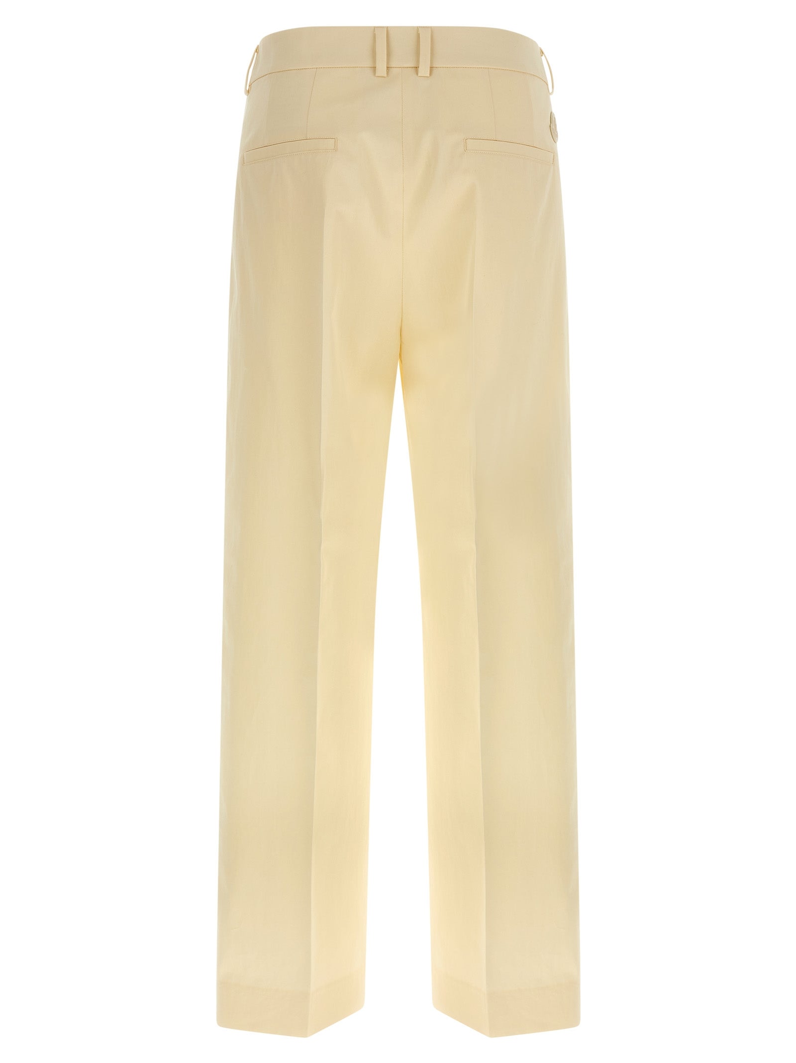 Trousers by Moncler for women in leather & cotton beige features a artisanal silhouette, showcasing a sophisticated straight-leg & wide with a long and for a artisanal finish.