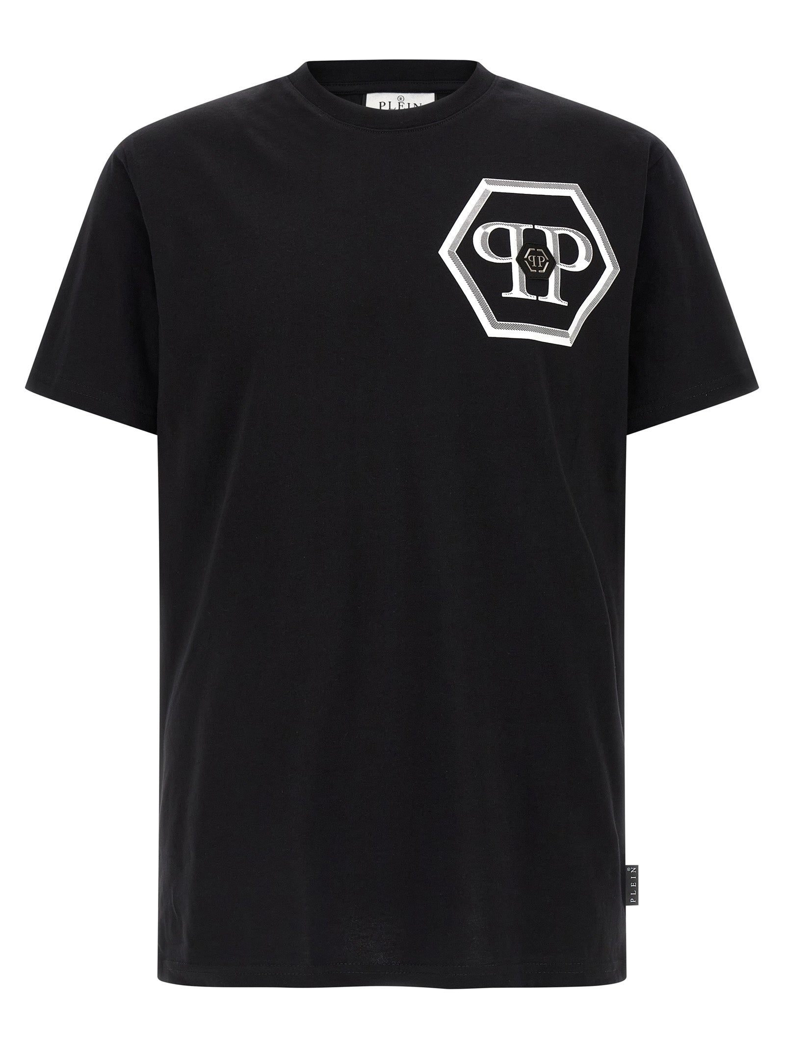 T-Shirt by Philipp Plein for men in cotton black & print showcases a unassuming silhouette, artfully detailed with a refined crew neckline and unassuming short-sleeve for a sophisticated, contemporary look.
