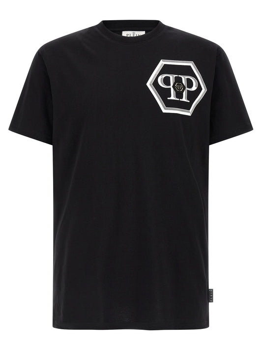 T-Shirt by Philipp Plein for men in cotton black & print showcases a unassuming silhouette, artfully detailed with a refined crew neckline and unassuming short-sleeve for a sophisticated, contemporary look.