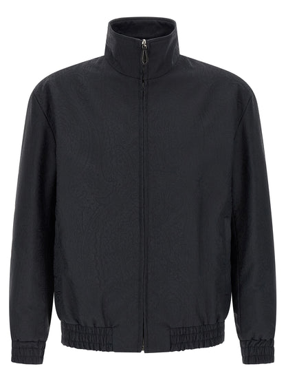 Jacket by Etro for men in viscose & polyamide blue, patterned, paisley, jacquard & striped showcases a contemporary silhouette, detailed with a contemporary high-neck neckline and premium pockets for a sophisticated finish.