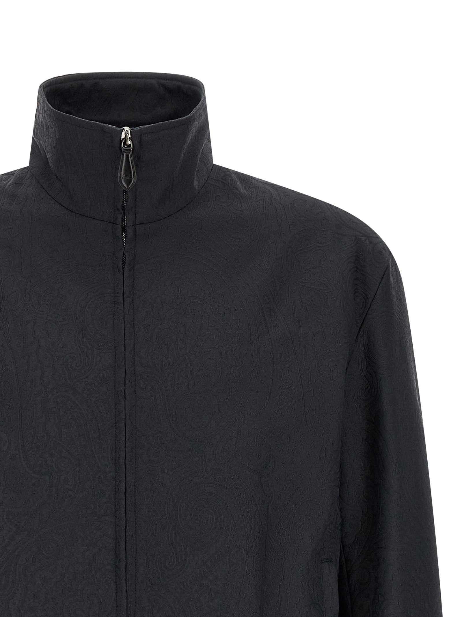 Jacket by Etro for men in viscose & polyamide blue, patterned, paisley, jacquard & striped features an utilitarian silhouette with a refined high-neck neckline, showcasing sophisticated pockets for an utilitarian aesthetic.