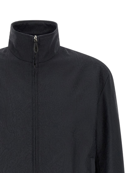 Jacket by Etro for men in viscose & polyamide blue, patterned, paisley, jacquard & striped features an utilitarian silhouette with a refined high-neck neckline, showcasing sophisticated pockets for an utilitarian aesthetic.