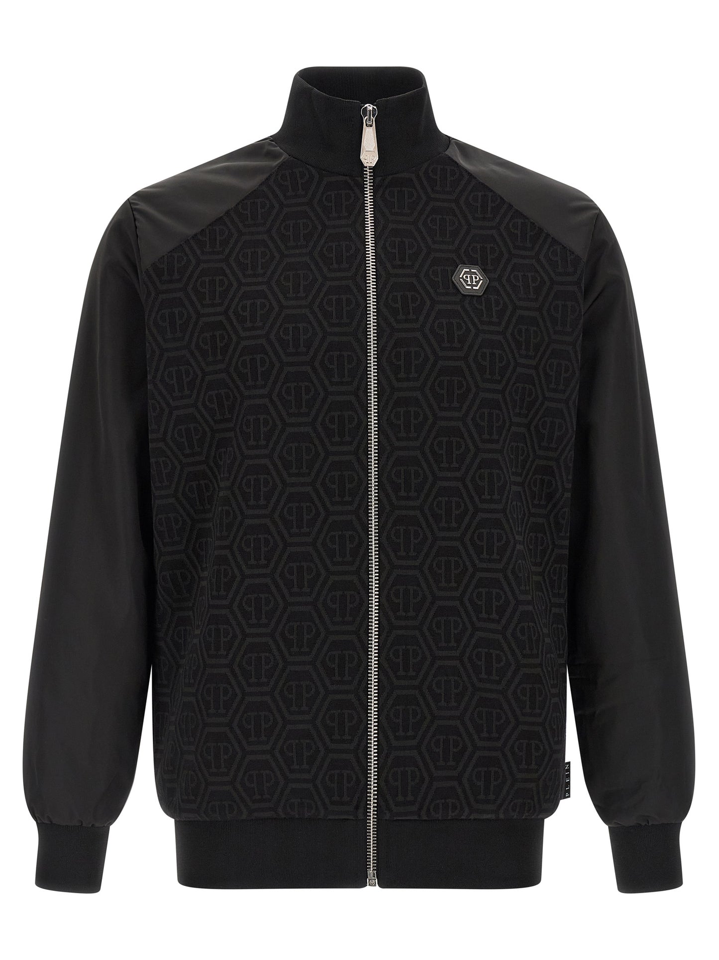 Sweatshirt by Philipp Plein for men in stretch polyester cotton black, jacquard & monogram features an provocated silhouette, detailed with a provocated and a refined high-neck neckline for a sophisticated aesthetic.